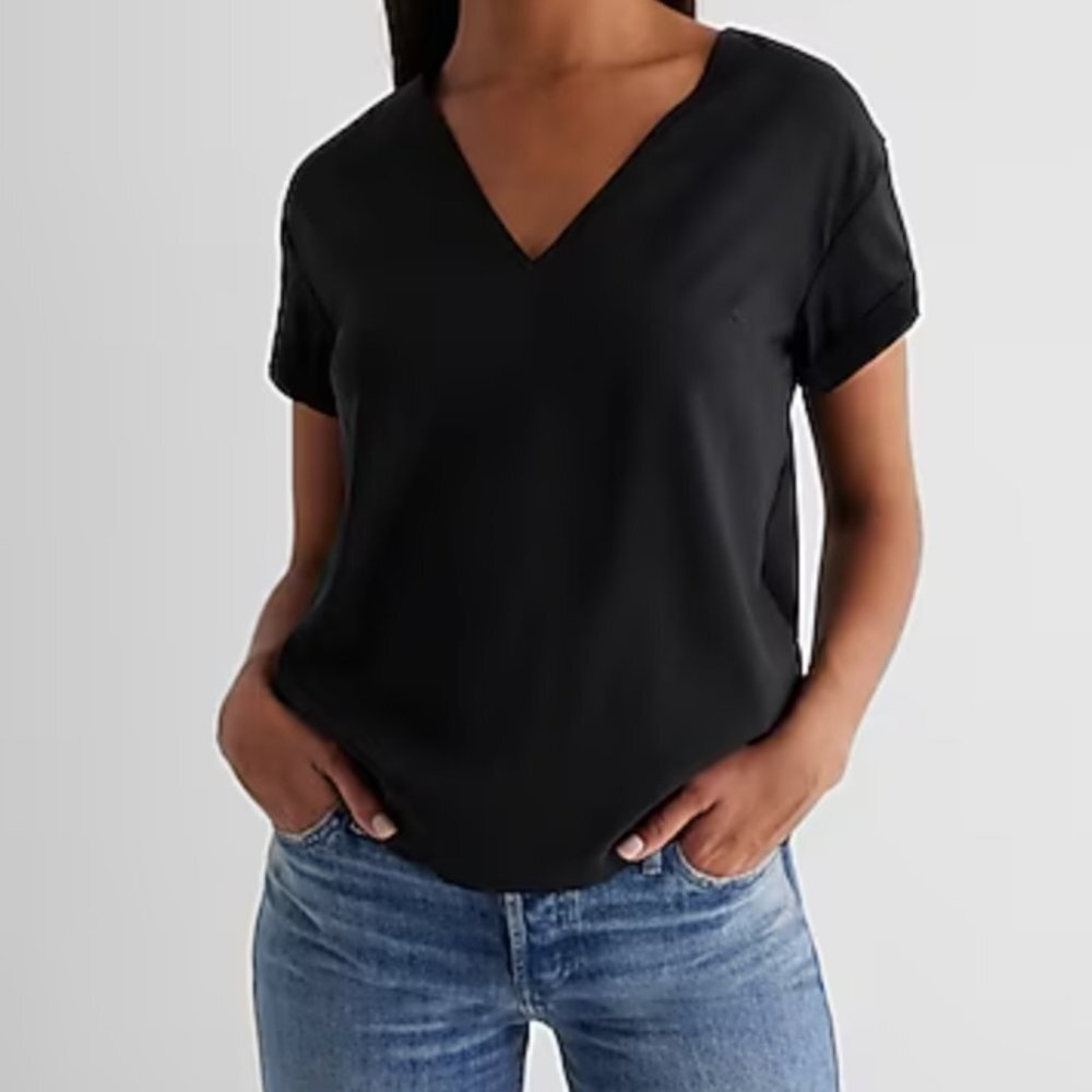 Express Black V Neck Short Sleeve Blouse Top Size S
